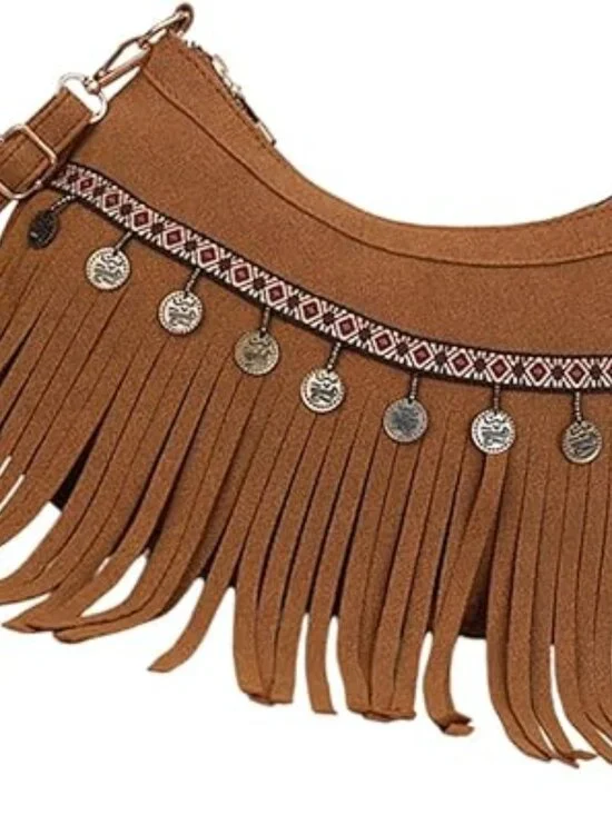 Vintage Look Suede Hobo Fringe Bag Hippie Western Cowgirl Purse - Picture 2 of 5